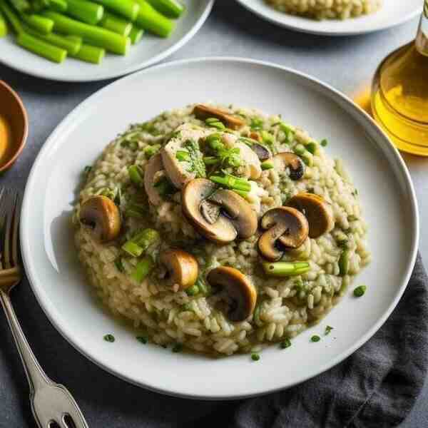 Ризотто с курицей грибами и лукомпореем